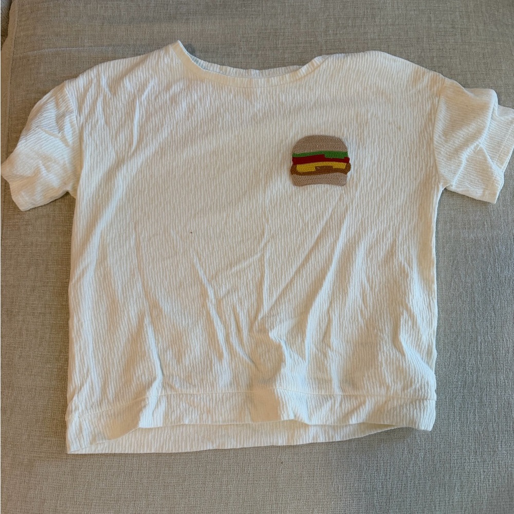 Zara White Short-Sleeve Tee with Embroidered Burger Motif
